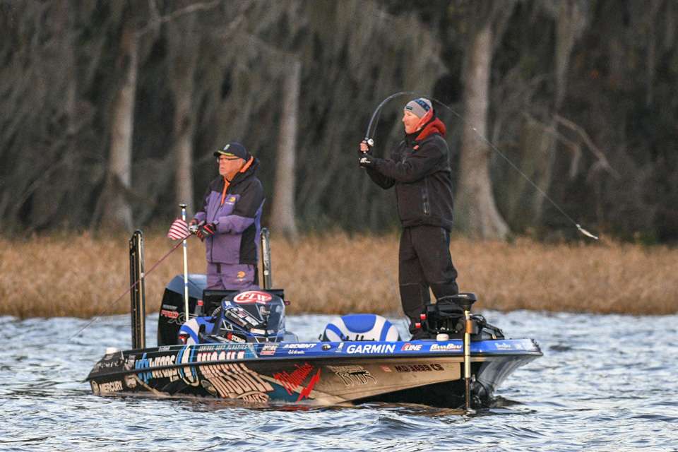 Bryan Schmitt went into the second and final day of competition in second place, just more than 5 pounds behind leader Whitney Stephens. By 8 a.m., Schmitt had three fish for about 16 pounds, with an anchor that should top 7 pounds. Meanwhile fifth-place Buddy Gross fished nearby but struggled to catch fish of any size. By 11 a.m., he had âfour little ones.â