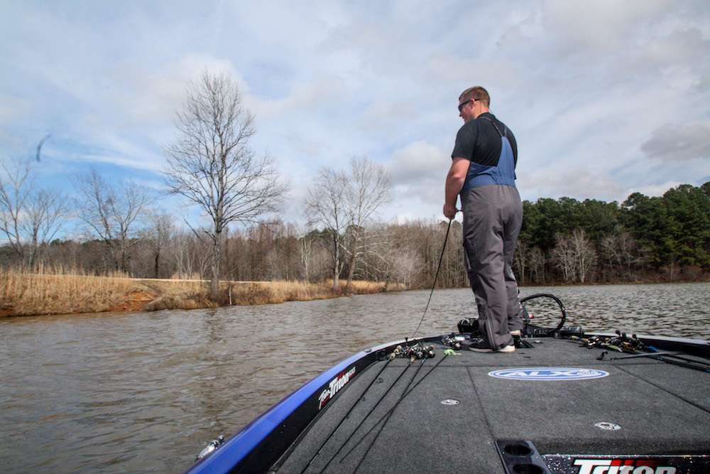 <b>THE DAY IN PERSPECTIVE</b><br>
âToday proves that one day of unseasonably warm weather isnât enough to wake up sluggish winter bass,â Whitaker told Bassmaster. âThe lake is cold and I believe the fish are still on their deep winter patterns, but the extreme wind conditions prevented me from effectively fishing offshore structure. The water was warmest in the upper end, but it may take two or three calm, sunny days to activate the fish there. If I were to fish here tomorrow, Iâd move deeper off the points and maybe drag a heavy football jig, provided it didnât blow as hard as it did today.â
 <p>
<b>WHERE AND WHEN JAKE WHITAKER CAUGHT HIS FIVE KEEPERS</b><br>
1 pound; end of rocky channel bank; chartreuse/black back 6th Sense Crush 50X squarebill crankbait; 9:49 a.m.<br>
1 pound, 3 ounces; same place and lure as No. 1; 9:53 a.m.<br>
2 pounds, 4 ounces; mudline on clay bank; chartreuse and white TrueSouth Bullet tandem spinnerbait with gold and orange blades; 10:40 a.m.<br>
1 pound, 5 ounces; same place and lure as No. 1; 11:05 a.m.<br>
2 pounds, 1 ounce; same place and lure as No. 1; 12:28 p.m.<br>
TOTAL: 7 POUNDS, 13 OUNCES 
