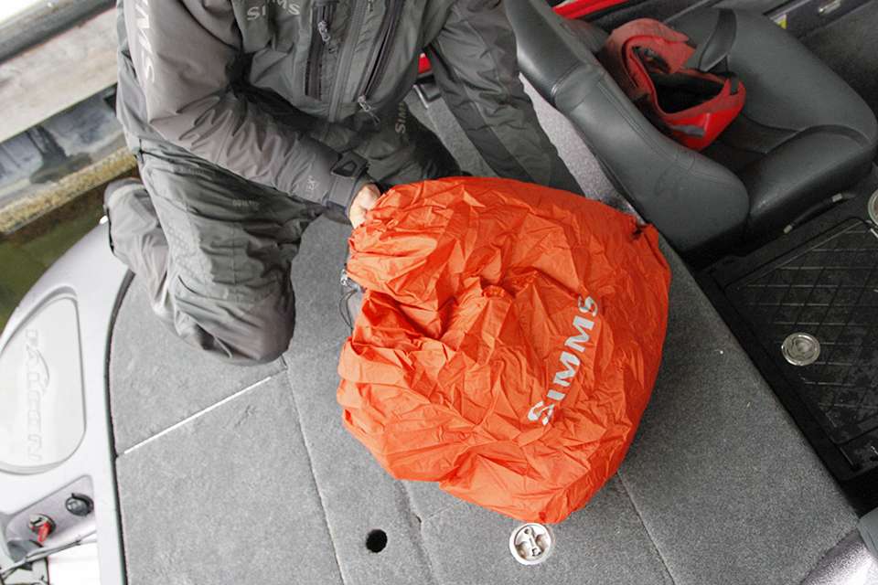 One handy part of his tackle bag is a rain shield that is incorporated. Some co-anglers keep their tackle in the floorboard of the boat and on those rainy days it can get messy.
