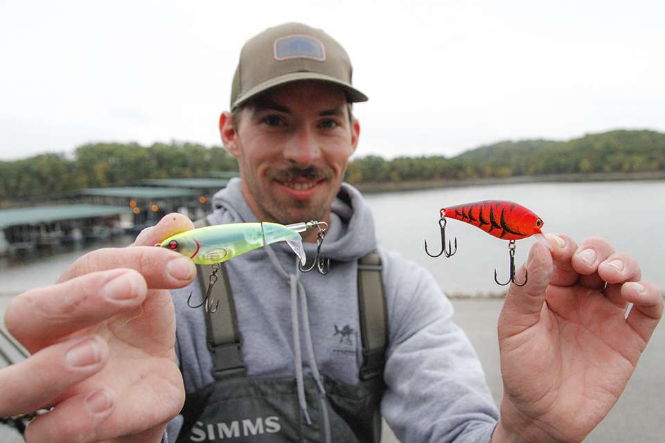 He shows off a topwater and crankbait, two key lures on Ozark lakes during the fall.