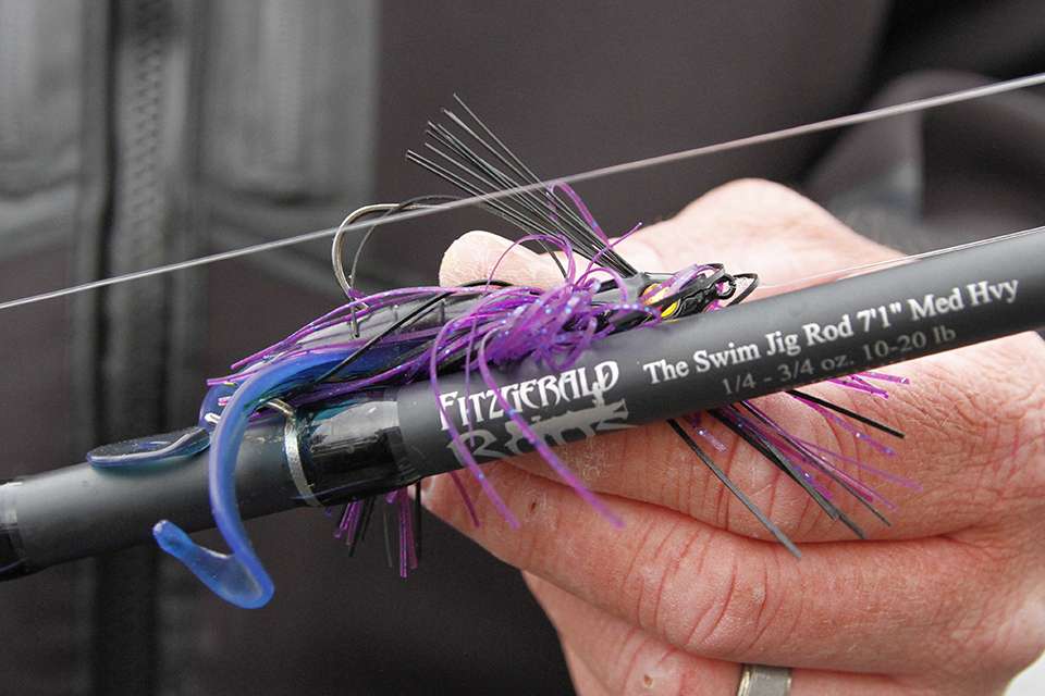 He used a 3/8-ounce prototype Hayabusa Swim Jig in Black/Purple with a Missile Baits Twin Turbo trailer.