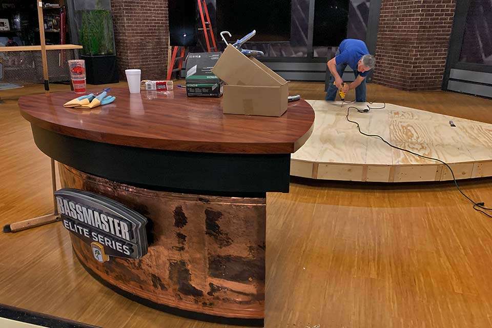 Wes works on the aforementioned platform for the new studio desk that will sit in front of Tommy Sanders, Davy Hite and Mark Zona, who is in studio this week.