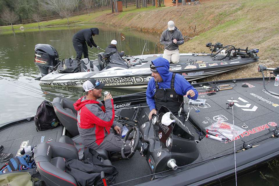 The four anglers and cameramen get ready for another day of fish catching on Southwind Plantation as Mark Zona, Drew Benton, Drew Cook and Davy Hite shoot a Zona LIVE presented by Mercury.