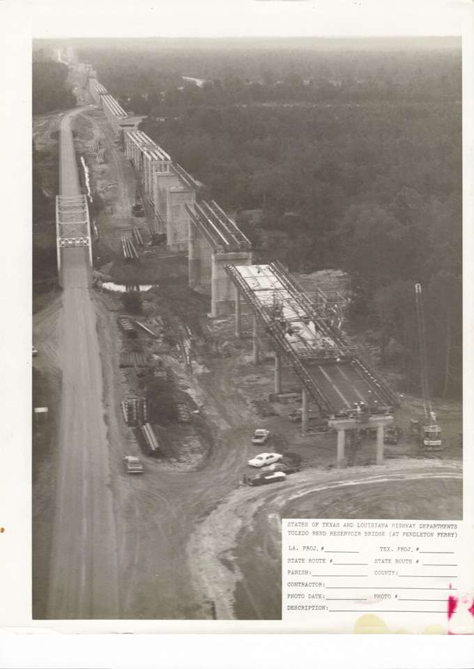 Construction of the Pendleton Bridge connected the Louisiana and Texas sides of the lake at about the midpoint of the reservoir.
