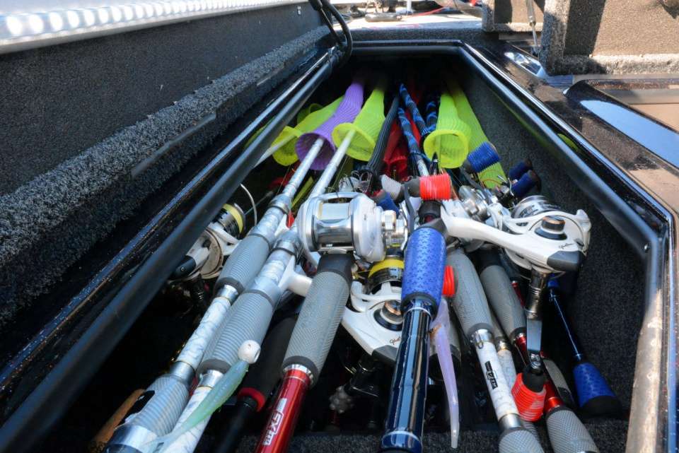 This oversized storage is for rods up to 8 feet. âI removed the forward organizers to fit more rods.â Those are about 30 outfits, rigged and ready to be used for the Classic held on Lake Hartwell. 
