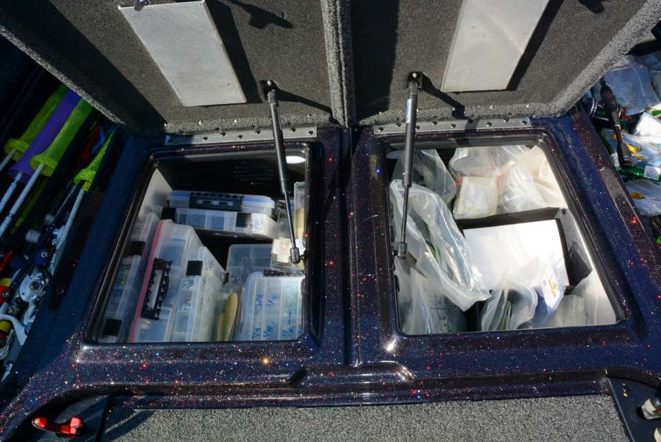 The storage at left is for hard baits, and the opposite box is for terminal tackle and parts for modifying lures like spinnerbaits, jigs and soft plastic rigs.  