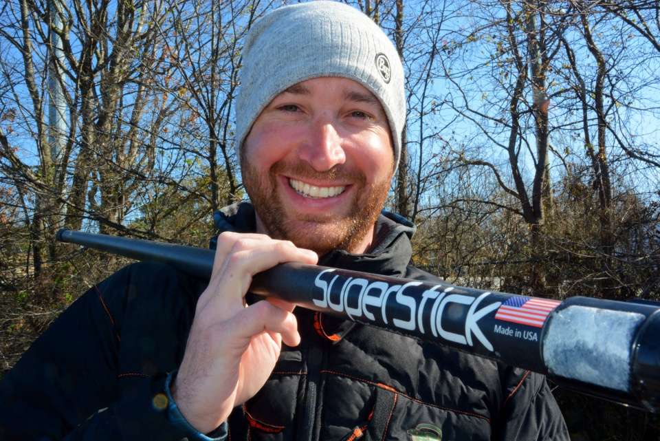 DeFoe is all smiles about the SuperStick push pole that is versatile as a Swiss Army Knife. The pole comes with separate attachments for the Aqua-Vu camera, a paddle and the push pole and anchor pin. 

