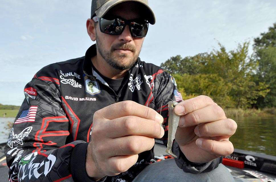 Mullins threads a 3-inch Scottsboro Swimbait onto a ball head jig that features a screw lock. His jigs for this bait weigh from 1/8- to 3/8-ounce.