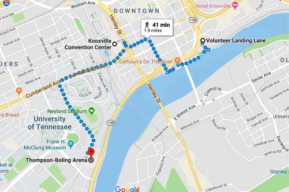 All of this yearâs Classic venues are within reasonable walking distance. Volunteer landing is 0.8 of the mile from the Expo, and the weigh-ins at Thompson-Boling Arena are just over a mile from the Expo. There are 15,000 parking spaces downtown, and there are shuttle buses available.