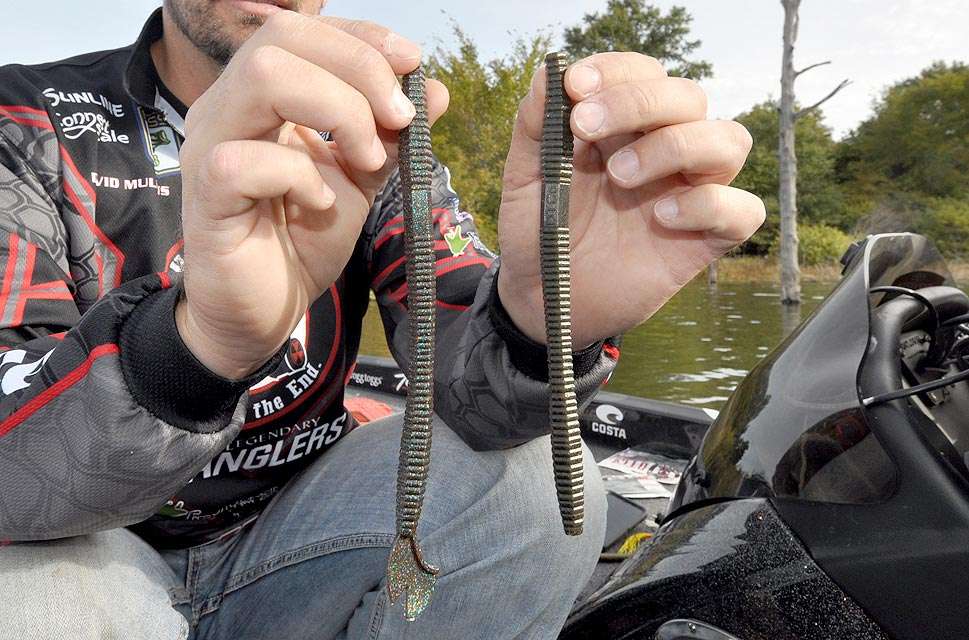 The only difference between these two worms is that the worm on the right has the cut-tail pinched off.
âEvery bass fisherman has got to have a big worm,â Mullins said. âThis 8 1/2-inch Roku K Cut Tail Worm covers a lot of bases. If you leave the tail on, you can swim the worm, which works especially well in Florida. For fishing ledges and other offshore structure, pinch the tail off.â
