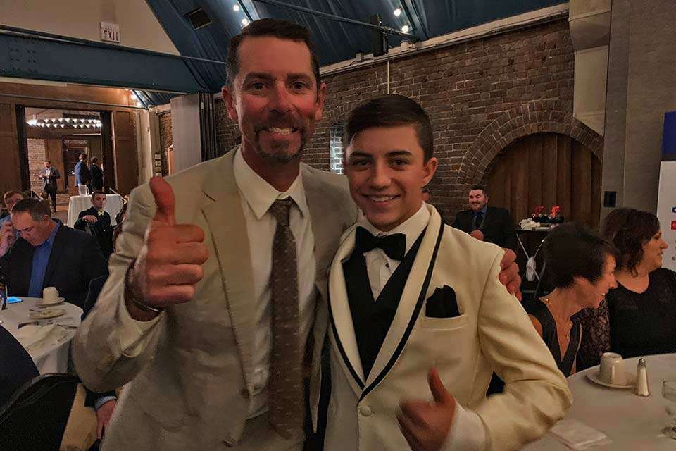 After Lucas gave his AOY speech, Mike Iaconelli visits with B.A.S.S. Junior Champ Trey McKinney, who won an unofficial fashion award for his spectacular attire.