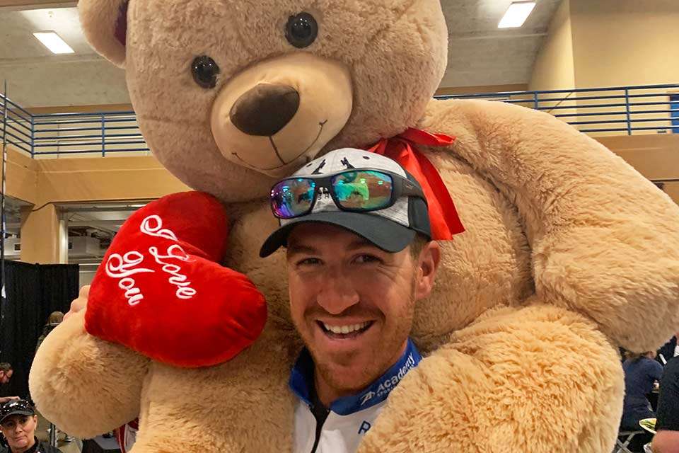 Thursday is reserved for Media Day. One odd image is Jacob Wheeler and this huge Teddy Bear. No, it didnât come to life and help him find fish. Wheeler was among six anglers who bet on the bear -- the lowest finisher after Day 1 had to strap Teddy to their deck for Day 2.