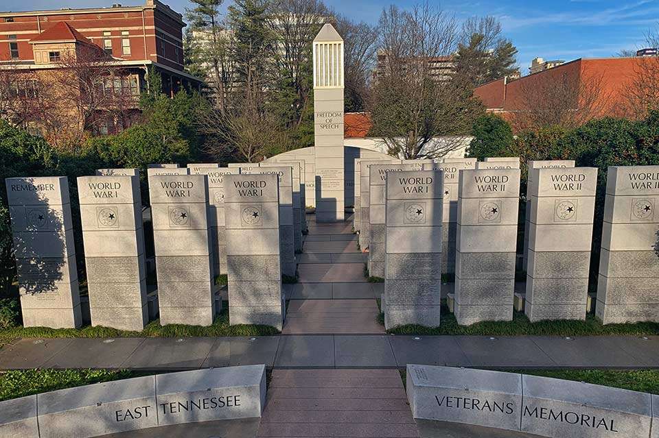 Thereâs an impressive veteranâs memorial at the end of the park. The 32 granite pylons bear the names of more than 6,200 veterans from east Tennessee counties who have died in service since World War I.  Each are 9 feet high and contain around 220 names. Itâs next to a flag park and a childrenâs playground. 