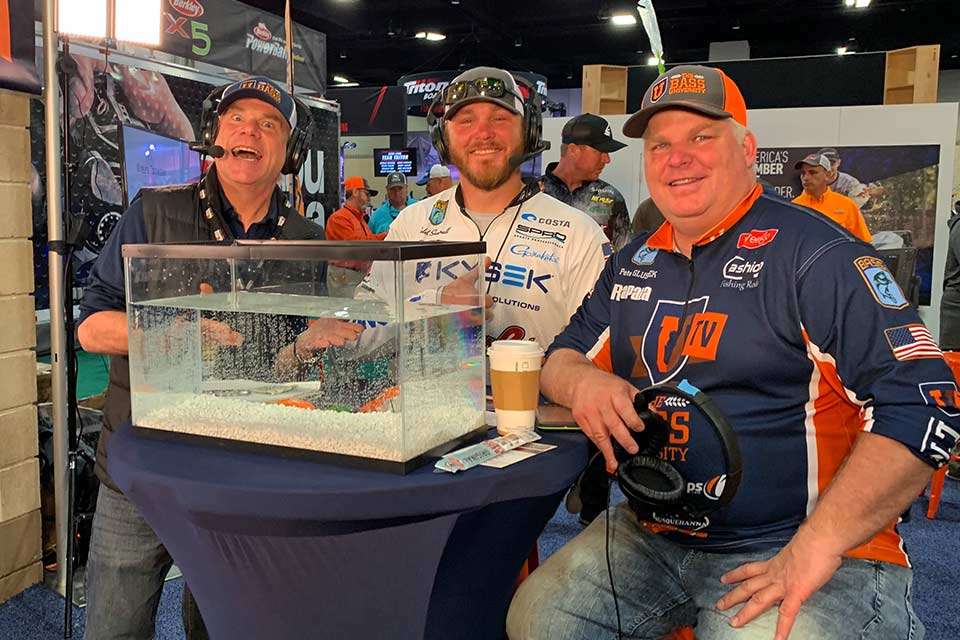 Around the corner from the B.A.S.S. booth was the Ike Live crew, which was streaming from expo.. Here mainstay Pete Gluszek and guest host Pat Renwick, who has his own web show, Stray Casts, interview Elite angler Caleb Sumrall. At least Pete knows how to pose for a photo. Pat, what are you doing? Got the cartoonish part of Outdoor Cartoon Television down. (He had that expression in all six photos).