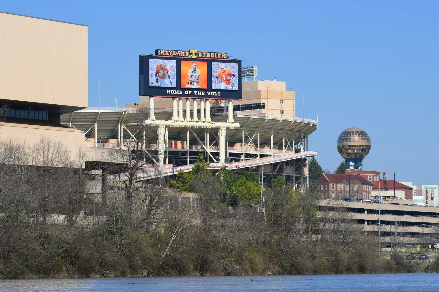 Adjacent to Thompson-Boling (visible at left) is Neyland Stadium, home field and venue for the Tennessee Vols football team. To the right is the Sunsphere built for the 1982 Worldâs Fair, which is now part of the newly renovated Worldâs Fair Exhibition Hall. It will host the Bassmaster Classic Outdoors Expo, which also includes the Knoxville Convention Center. 