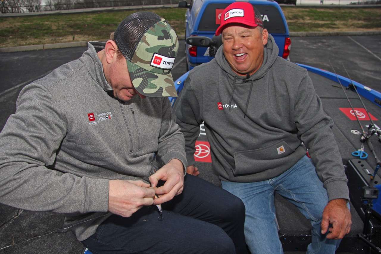 Scroggins found something funny to laugh about while teaching Meyer the importance of swapping out treble hooks on crankbaits. 
