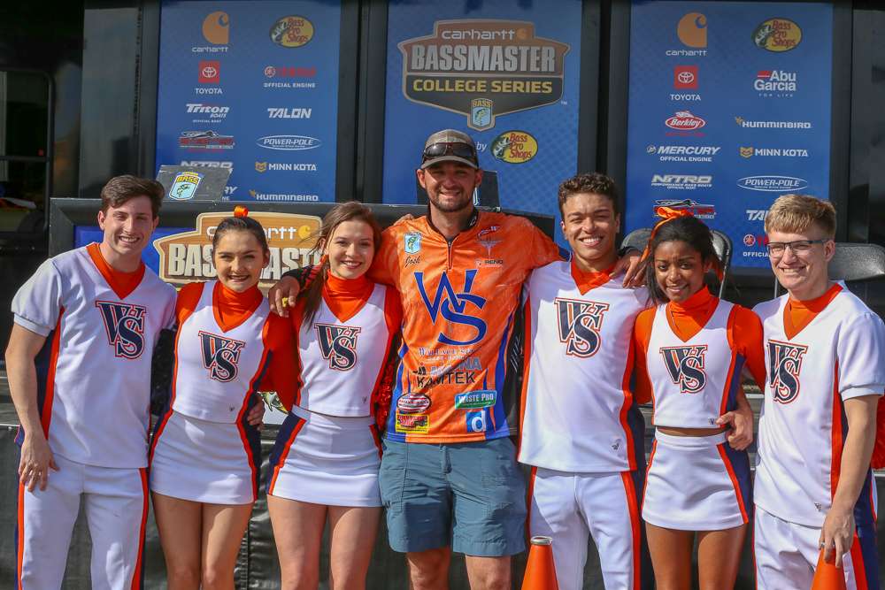 Josh Butts, President of the Wallace State Fishing Team, poses with Wallace State cheerleaders before the final weigh-in of the 2019 Carhartt Bassmaster College Series Smith Lake Tour presented by Bass Pro Shops  begins. 