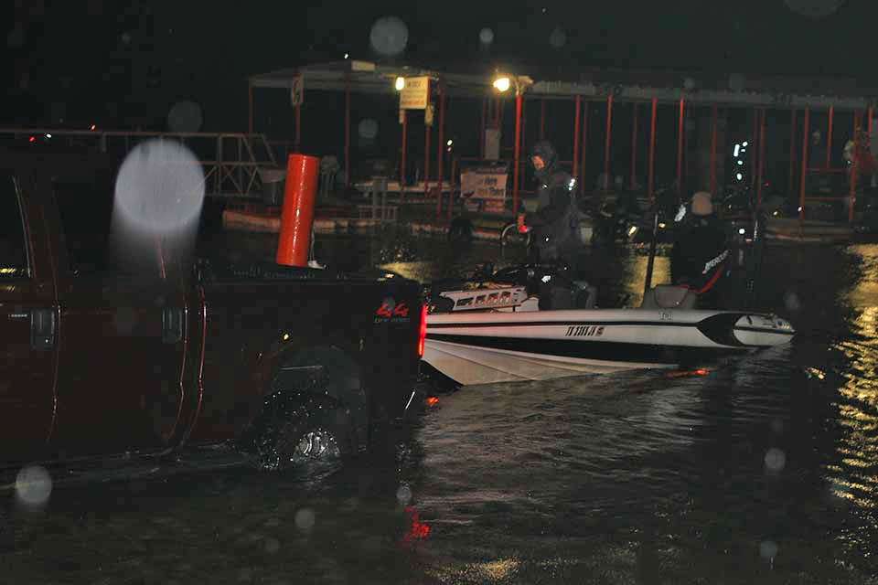 Thursday's launch for the Carhartt Bassmaster College Series at Bull Shoals Lake presented by Bass Pro Shops was under a steady light rain.