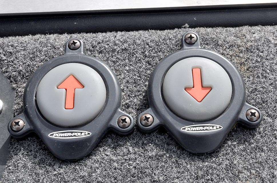 The control buttons for the Power-Poles are fixed well to the right and above the trolling motor foot pedal. This reduces the chance of stepping on them incidentally.