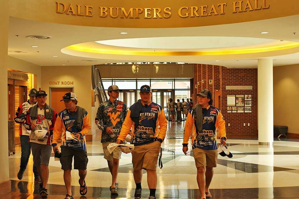The teams confer as they leave the Sheid Building on the ASUMH campus, specifically the Dale Bumpers Great Hall. Bumpers is a former Arkansas governor from the area.