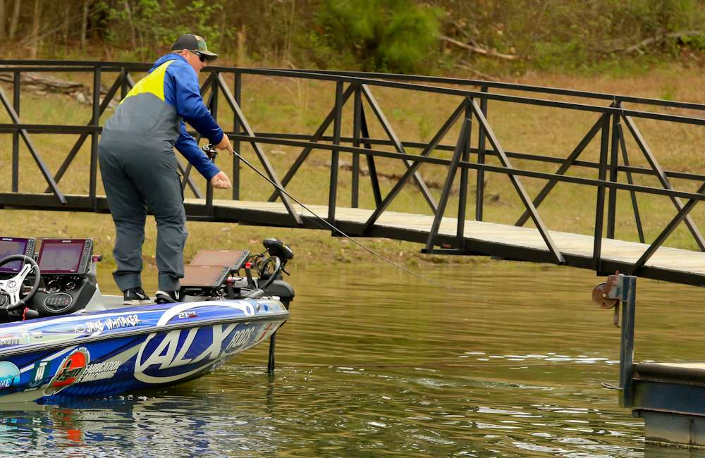 2018 Toyota Rookie of the Year, Jake Whitaker fishing docks and the banks on Day 3 of the Bassmaster Elite at Lake Hartwell. 