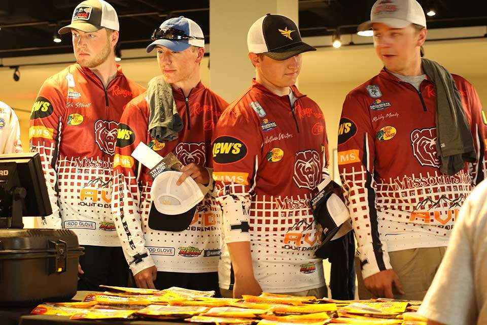 The Missouri State team members (from left) Kirk Stillwell, Cole Crossman, Nathan Winters and Robby Mody, gather some SWAG.