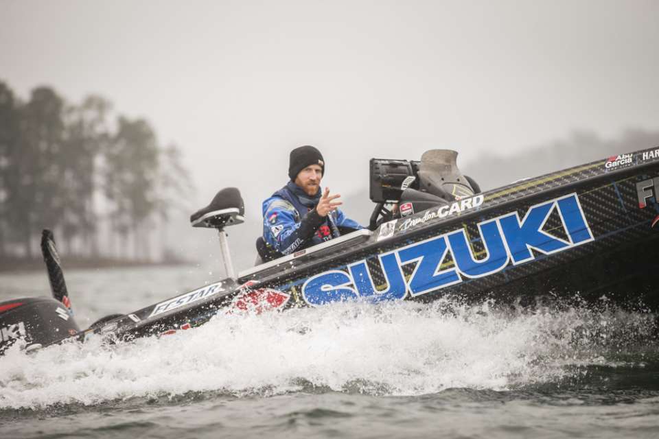 <p>For most of his topwater work, Card likes 40-pound Duel Hardcore 8-carrier braid. If he needs longer casts to reach schooling fish, heâll go to 30; but for frogging heavy cover, 65-pound Yo-Zuri Superbraid gets the call.</p>

<p>In clear water, heâll add 18 inches of 20-pound Yo-Zuri Top Knot fluorocarbon leader. He acknowledges fluoroâs sinking nature, but he finds a short leader wonât impair his baitâs action.