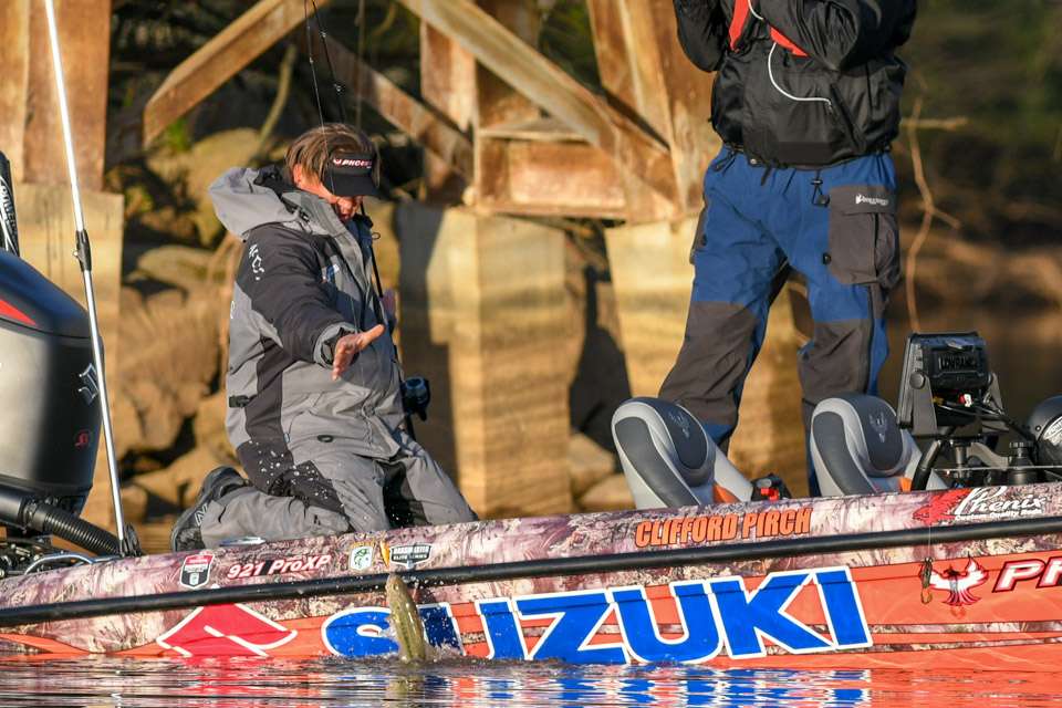 Bassmaster Elite Series pro Cliff Pirch worked a small bridge for hours before finally getting the chance to swing a fish in the boat. You might not know that backstory if you werenât there, but this image shows the payoff for his amazing patience and focus.