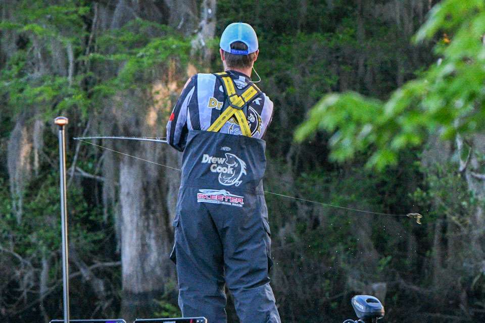 Drew Cook headed out for Day 1 of the Bass Pro Shops Bassmaster Elite on Winyah Bay leading both the Toyota Angler of the Year and the Rookie of the Year races, and he quickly went to work building a limit of bass. See all the action in this gallery from his morning on the Pee Dee River.