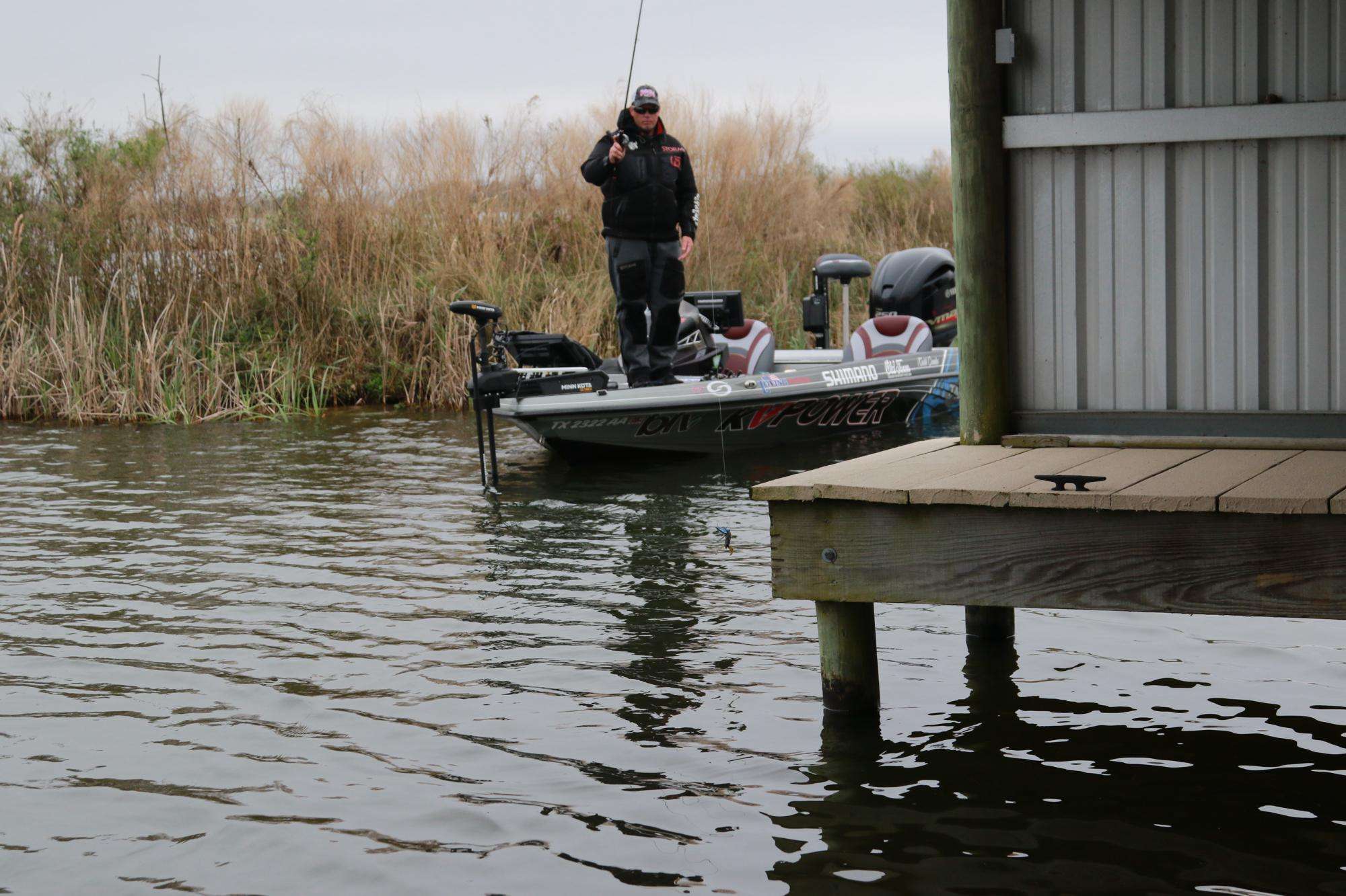 Pitching jigs to hard targets like dock pilings has put a lot of fish in his boat.