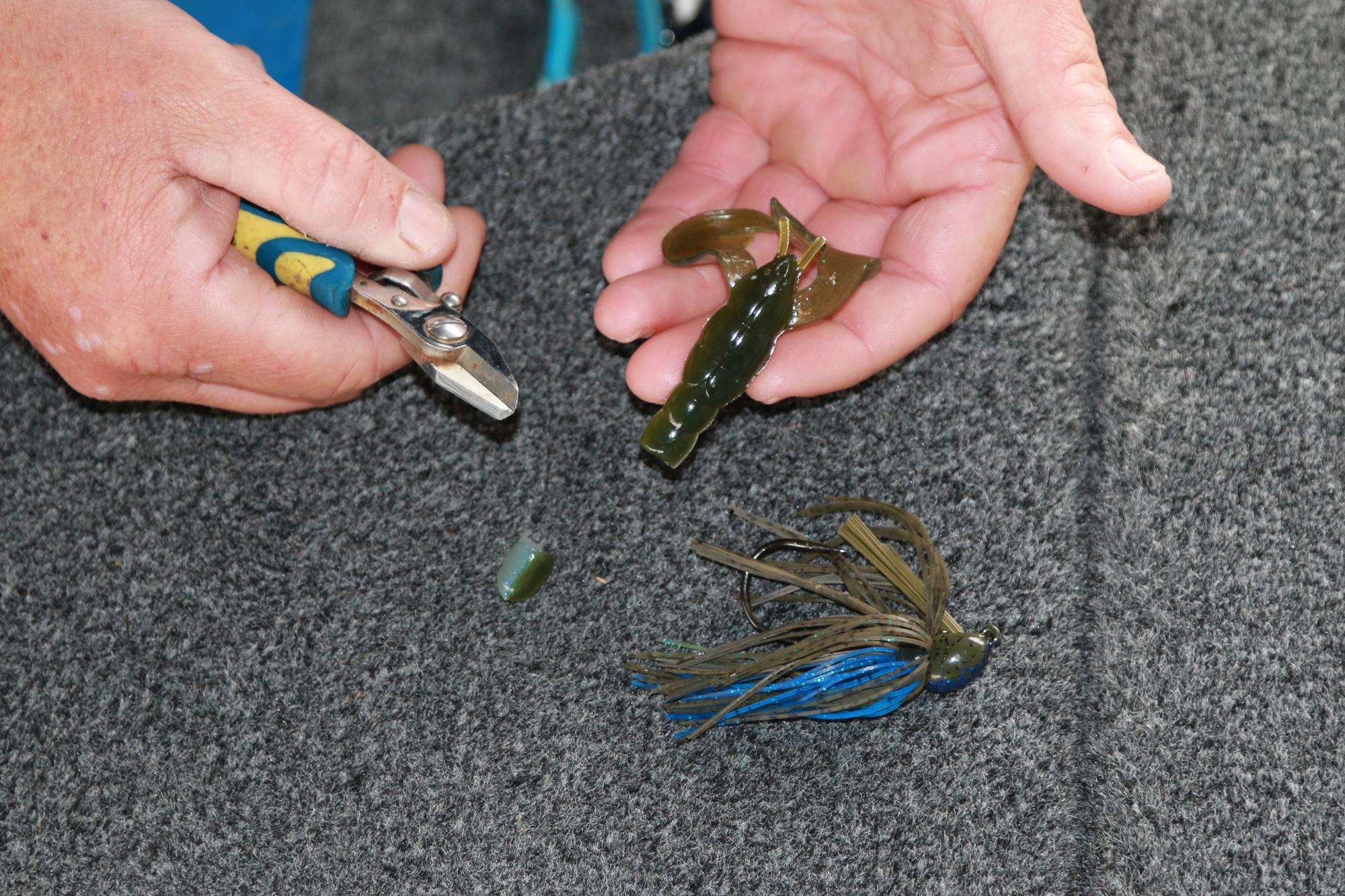 Usually, removing the first segment of a Rage Craw yields the right fit that he wants for his jig profile.