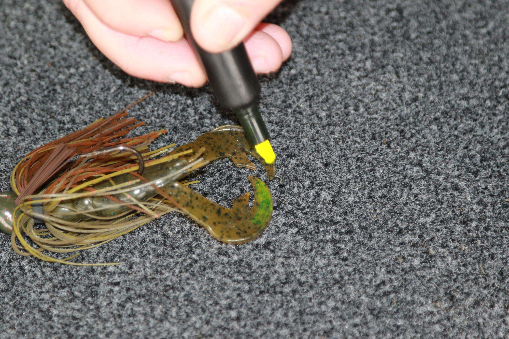 When he thinks the fish need a little visual nudging, he will dye the tips of his trailer chartreuse. Dye pens, he said, are quicker and neater than dipping dyes.