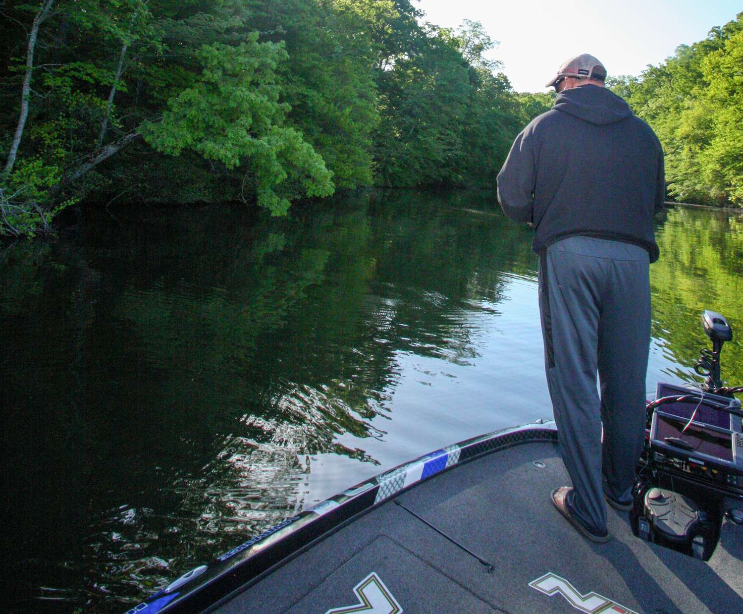 <b>8:08 a.m.</b> He switches to the brush hog and catches a 10-inch bass. âThat fish was right on the dropoff.â
