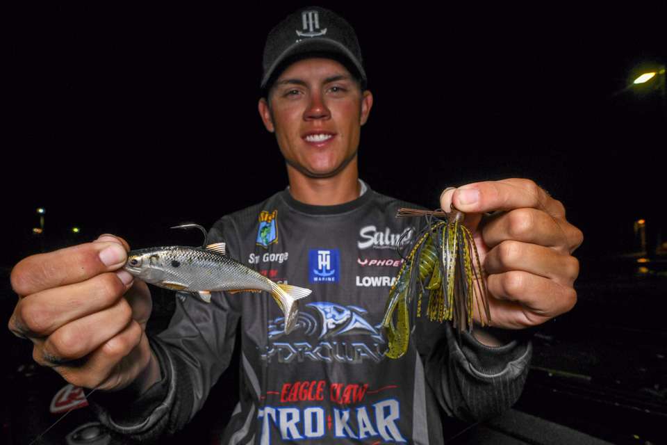 <b>Sam George (48-7; 7th)</b><br>
Sam George skipped a jig around boat docks, used a swimbait during the shad spawn, and a topwater and square bill crankbait fished over grass. He used a 3/8-ounce Greenfish Tackle Brandon Cobb All Purpose Jig with 4-inch Strike King Rage Bug trailer. Salmo Performance Fishing Lures rounded out the arsenal. A new prototype swimbait was a top choice.
