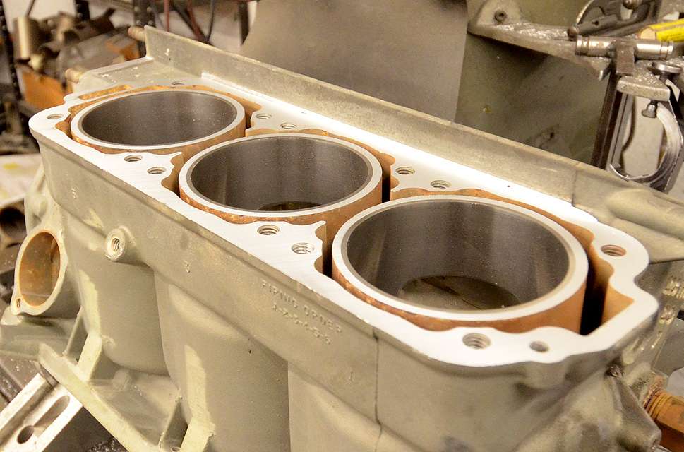 This is the head of an engine block after being milled. 	If the cylinders need to be bored, this is done precisely prior to milling with an F3 Bridge Bore machine. Cylinder sleeves are replaced, if necessary.  