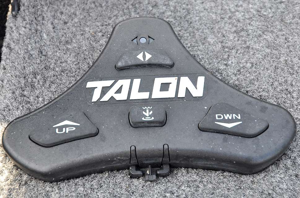 The control buttons for Lowenâs Minn Kota Talon anchors are on the front deck to the right of the trolling motor pedal.
