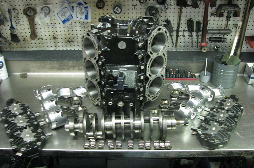 This is not my engine block, but it shows a rebuilt six-cylinder outboard ready to be assembled at Blackbird Motors. This includes all new pistons, piston rings and bearings. Damaged crankshafts are replaced or repaired with a Gleason welder to buildup material on the journal before grinding it back to proper tolerances with a Sclendum RG-230 machine.
