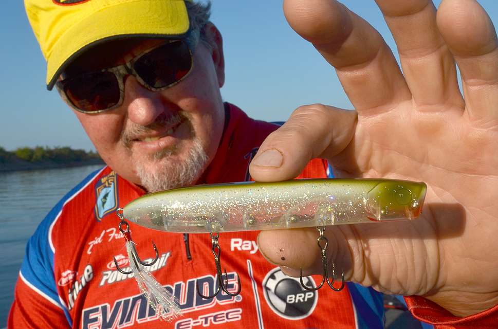 When bass school offshore, Fritts picks them off with a noisy, surface-thrashing, long-casting Berkley Cane Walker. This pencil popper does especially well in autumn.
