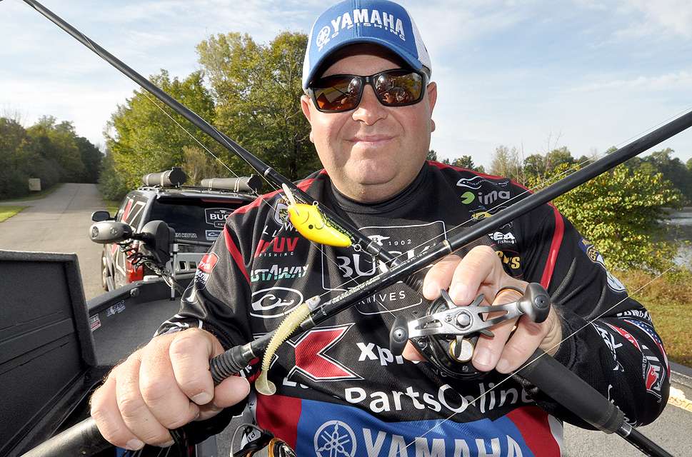 The baitcasting rod boasts a PH Custom Lures Dollar Bill crankbait, while the spinning rod is rigged with a Slip Shad from lurepartsonline.com.