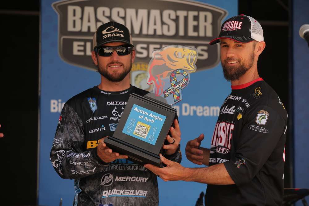 Stetson Blaylock was awarded the Autism Awareness trophy for catching the most pounds of bass in April. Funds were raised for every pound of bass weighed in on the Bassmaster Elite Series. 