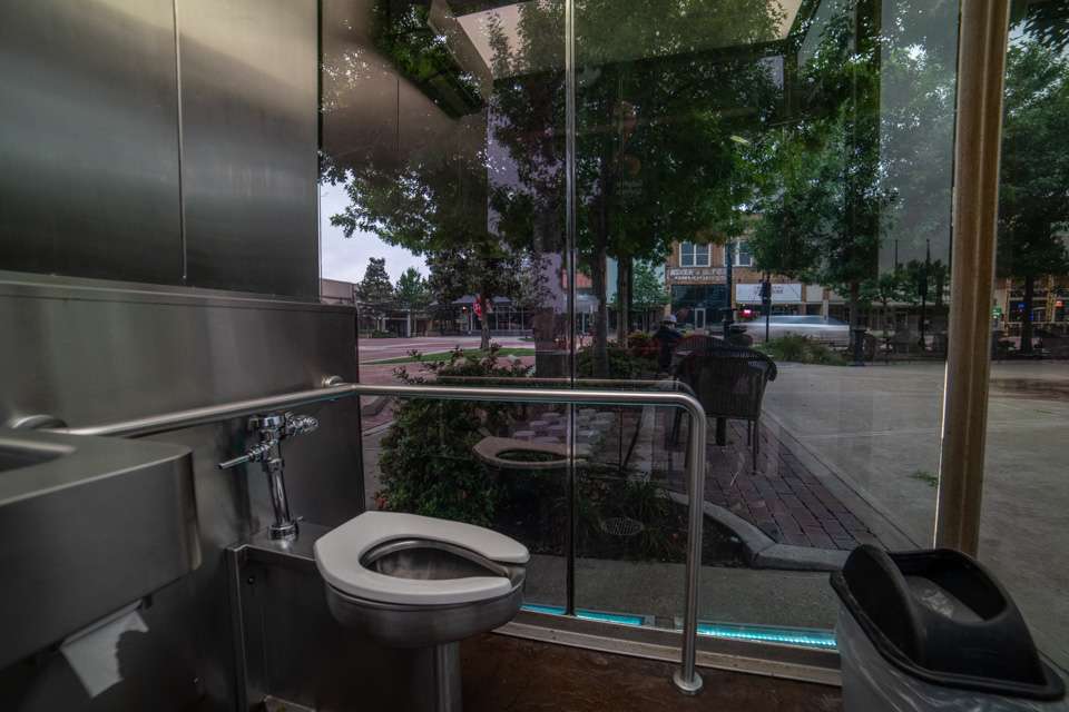 The Sulphur Springs public restrooms are actually composed of two-way mirrors, so when you step inside to take care of business you can see everything going on around you. Strange, but true.
