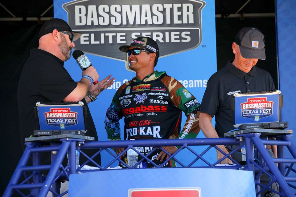 See the biggest fish from Day 1 and get a behind-the-scenes look at the weigh-in of the Toyota Bassmaster Texas Fest benefiting Texas Parks & Wildlife Department.
<p>
Chris Zaldain, 30-10,  3rd