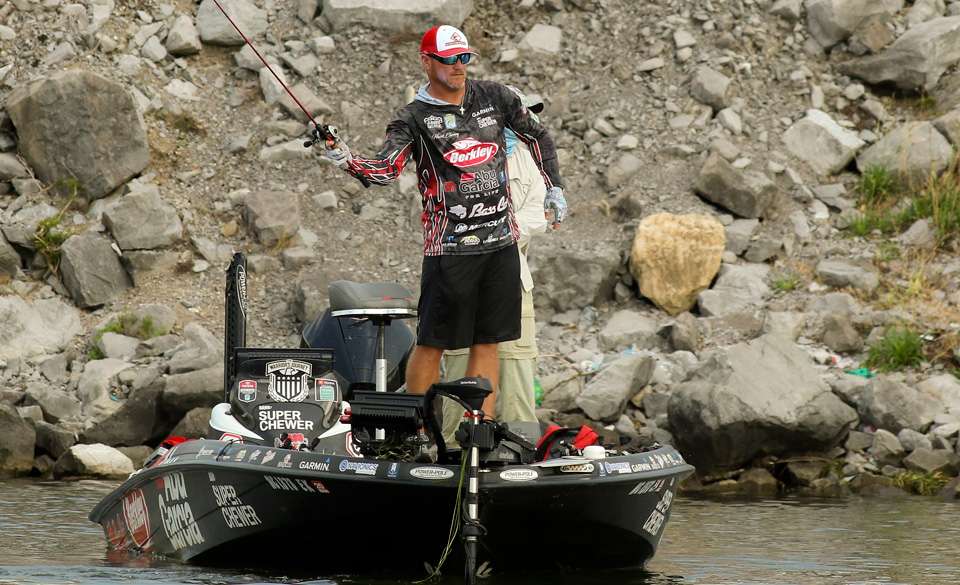 After a very quick trip by ambulance to the ER, to remove a hook from his hand Kelley Jaye was back on the water fishing a spot he was sharing with Hank Cherry on Day 3 of Academy Sports + Outdoors Bassmaster Elite Series Tournament at Lake Guntersville.