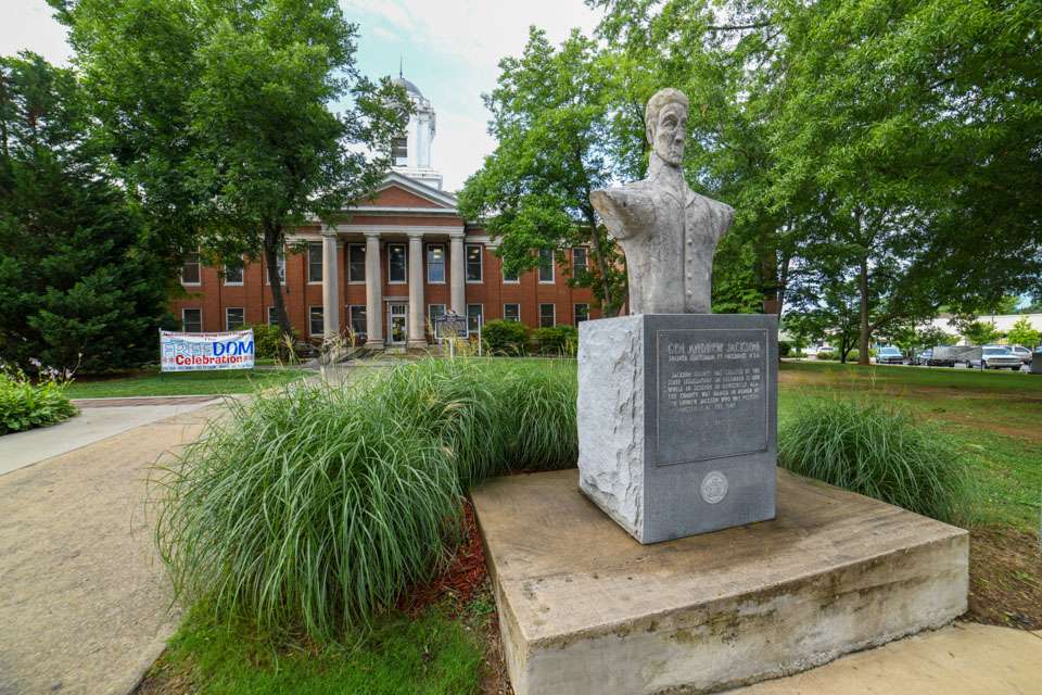A stone bust memorializes Gen. Andrew Jackson, for which the county is named, sits in front of the county courthouse. The county was named after the general in 1819 by the state Legislature because he was visiting Huntsville during the legislative session.