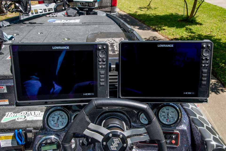 The console is dominated by a pair of Lawrence HDS12 units, so he can display charts, sonar and down imaging while on plane.