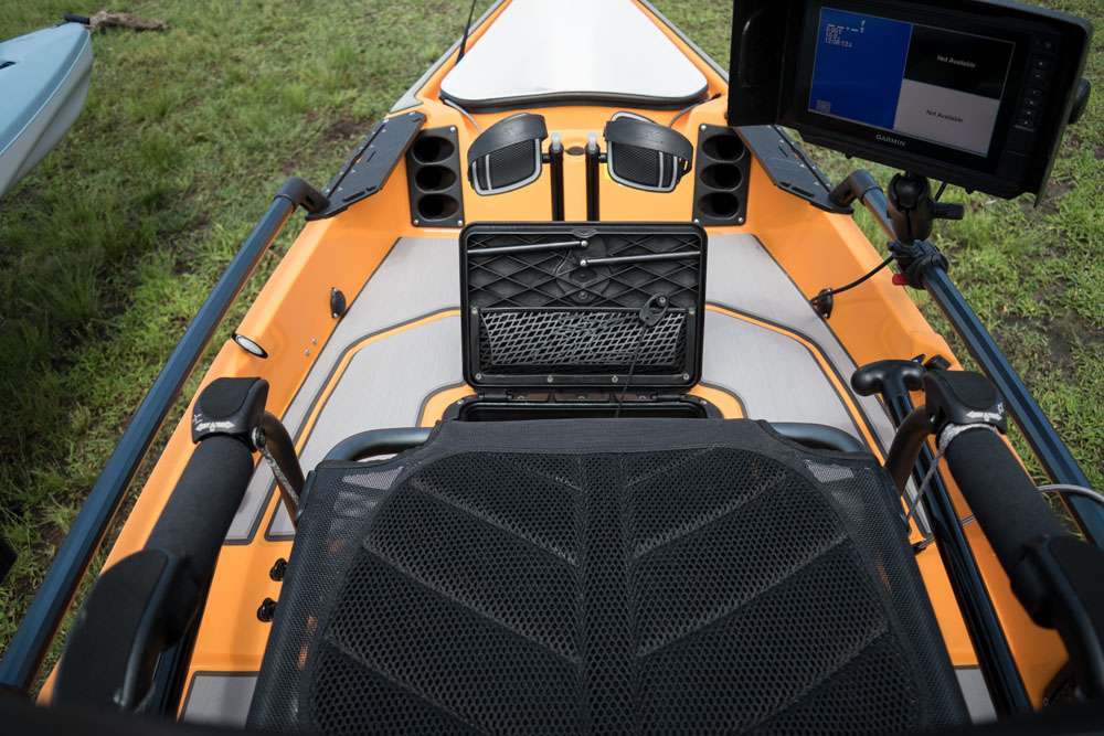 A first-person view from inside the kayak, the non-skid deck pads from Marine Mat that allow for safer standing while on the water, and when entering and exiting the kayak. 
