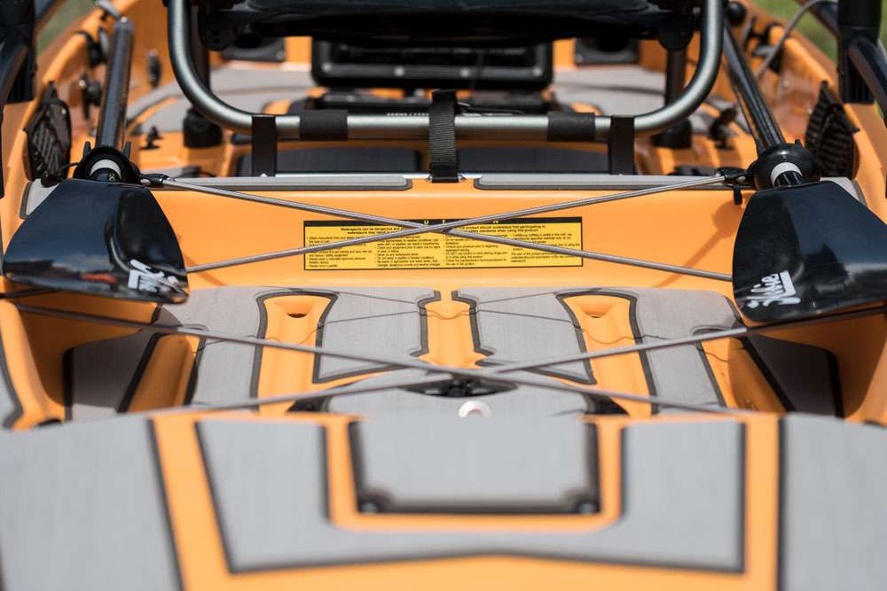 The Rear cargo area is large enough to hold all the gear you could want and need, with bungee tie-downs to ensure it stays safe and secure. The Hobie two-piece paddle will also stay secure and out of the way in the taco clips. 