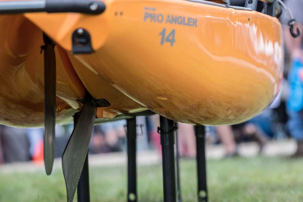 The rudder and skeg shown underneath the Pro Angler, each able to be pulled up and stowed away for shallow waters and when in storage. 