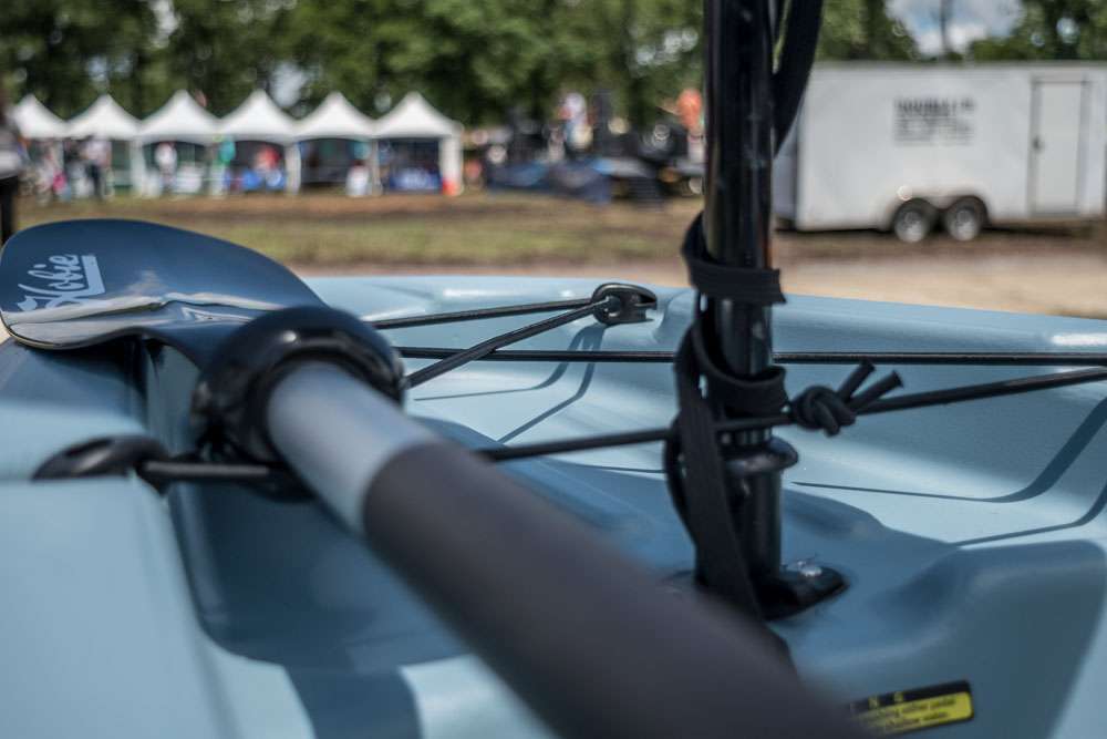 The vertical accessory tube on the front of the Hobie Mirage Passport can be used to mount a sail or bimini top.