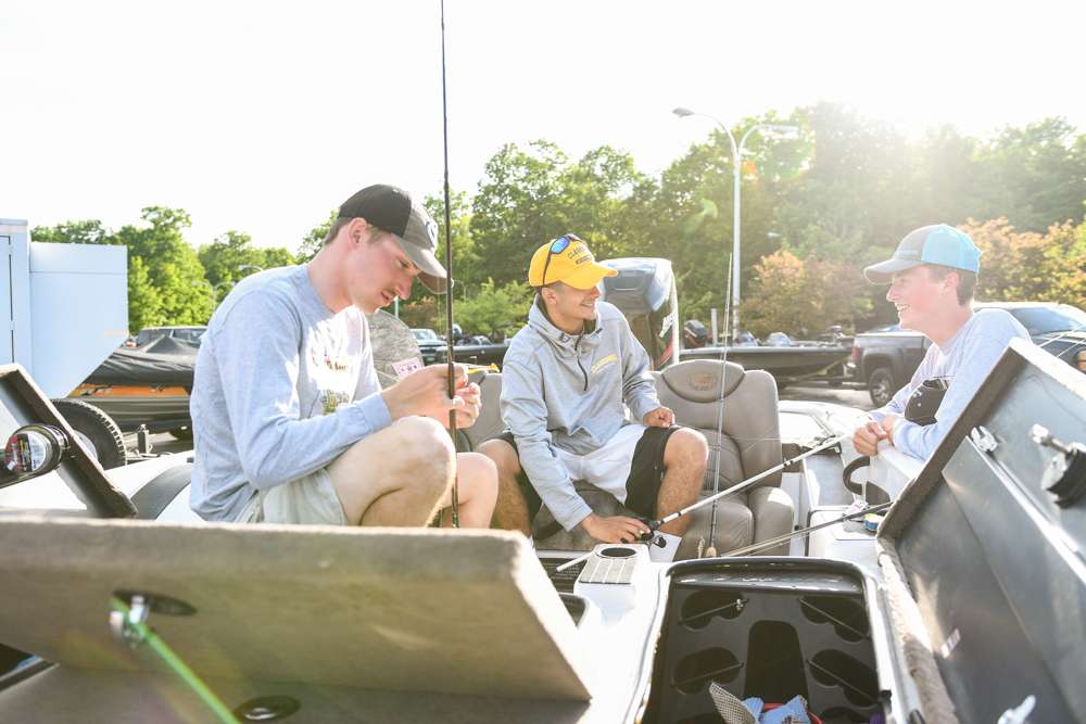 The Clarkson Bass Club spent some time going over a game plan for Day 1 of the 2019 Carhartt Bassmaster College Series at St. Lawrence River presented by Bass Pro Shops and rigged a few last minute lures. Clarkson is close to the St. Lawrence River, so these guys want to defend their home turf, if possible. 
